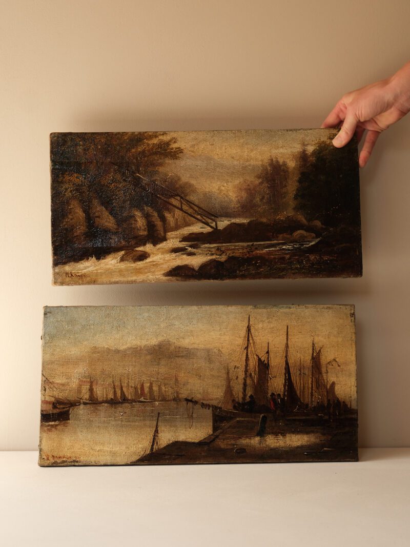 Pair of 19th-Century Oil Paintings – Landscape & Harbour Scenes