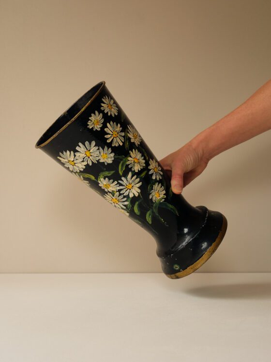 Folk Art Hand-Painted Floral Metal Toleware Vase