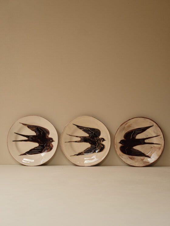 Terracotta and Slip Glazed Swallow Plates by Linzi West