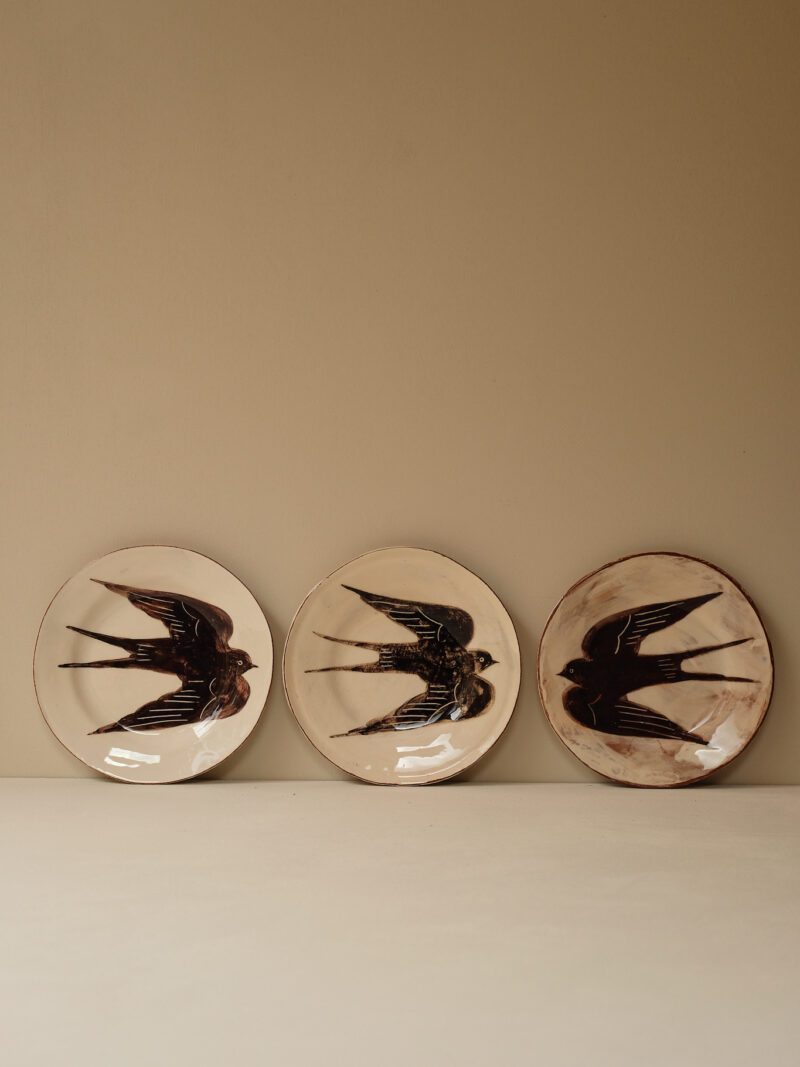 Terracotta and Slip Glazed Swallow Plates by Linzi West