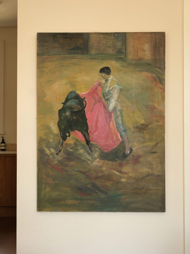 Large Vintage Oil Painting of a Matador and a Bull