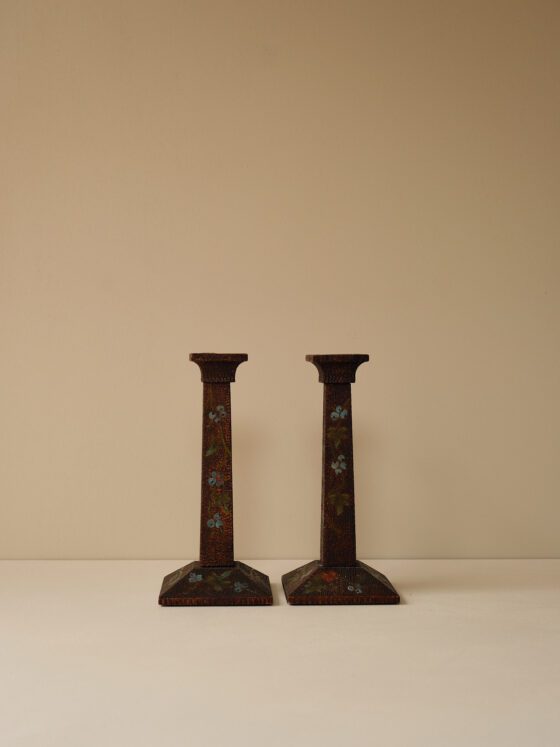 Vintage Hand-Painted Folk Art Wooden Candlesticks – Pair