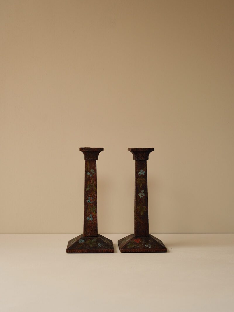 Vintage Hand-Painted Folk Art Wooden Candlesticks – Pair